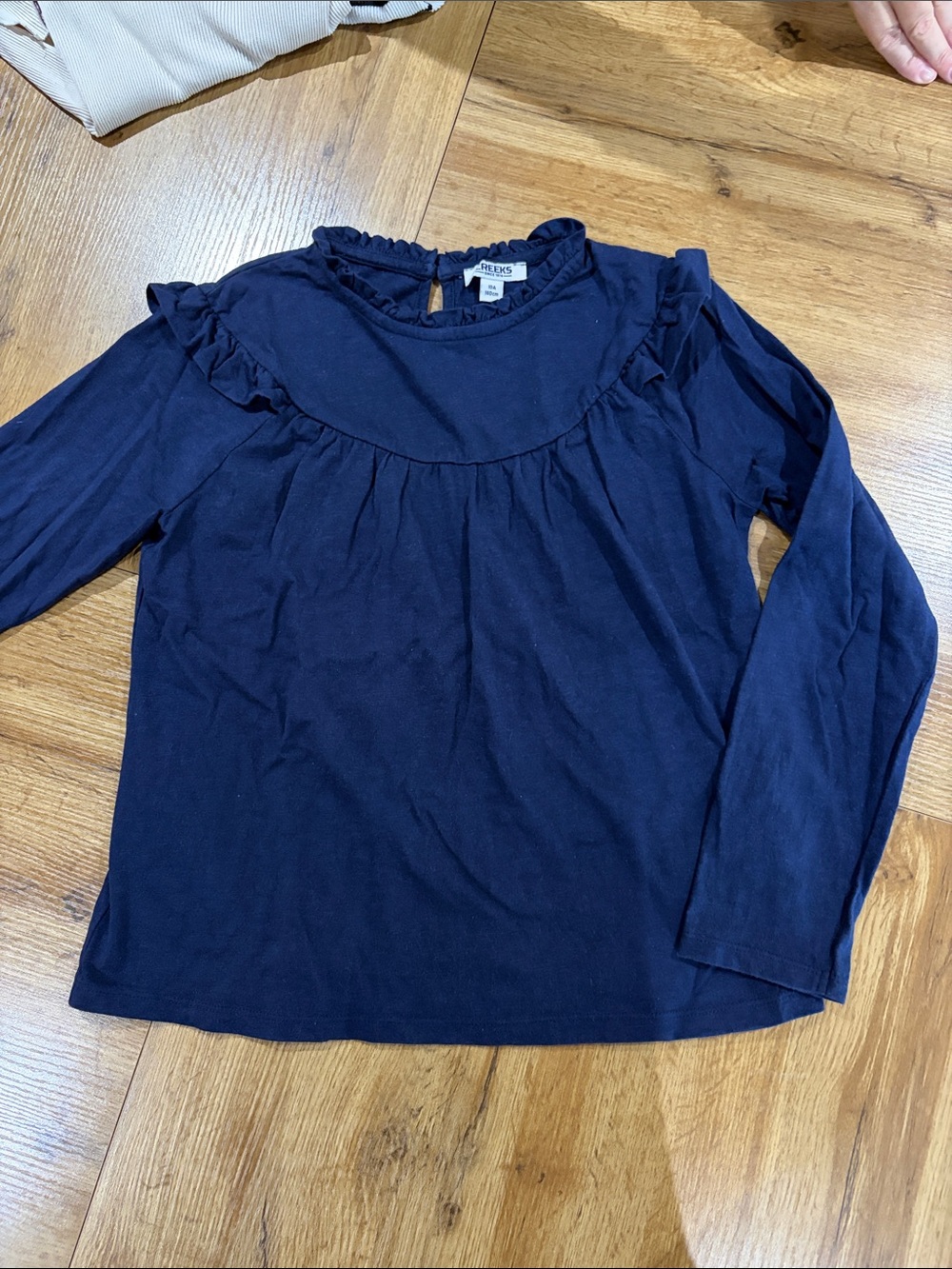 Girls' Navy Long-Sleeve Ruffle Yoke Top